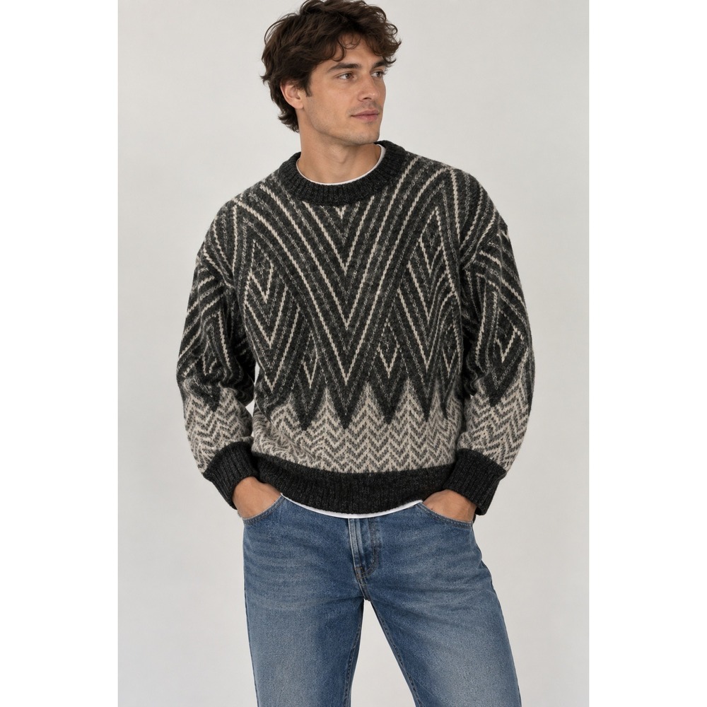 Kennington Italia Vintage Geometric Chevron Knit Mock Neck Sweater Black Grey L